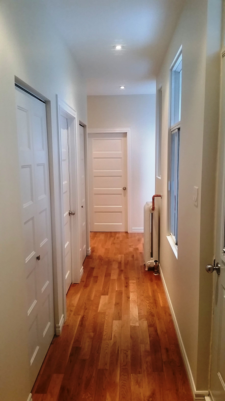Un long couloir avec parquet et portes blanches dans une maison.