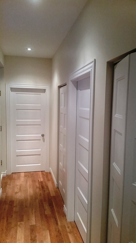 Un couloir avec parquet et portes blanches.