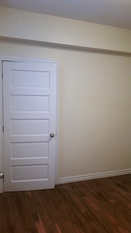 Une pièce vide avec une porte blanche et du parquet.