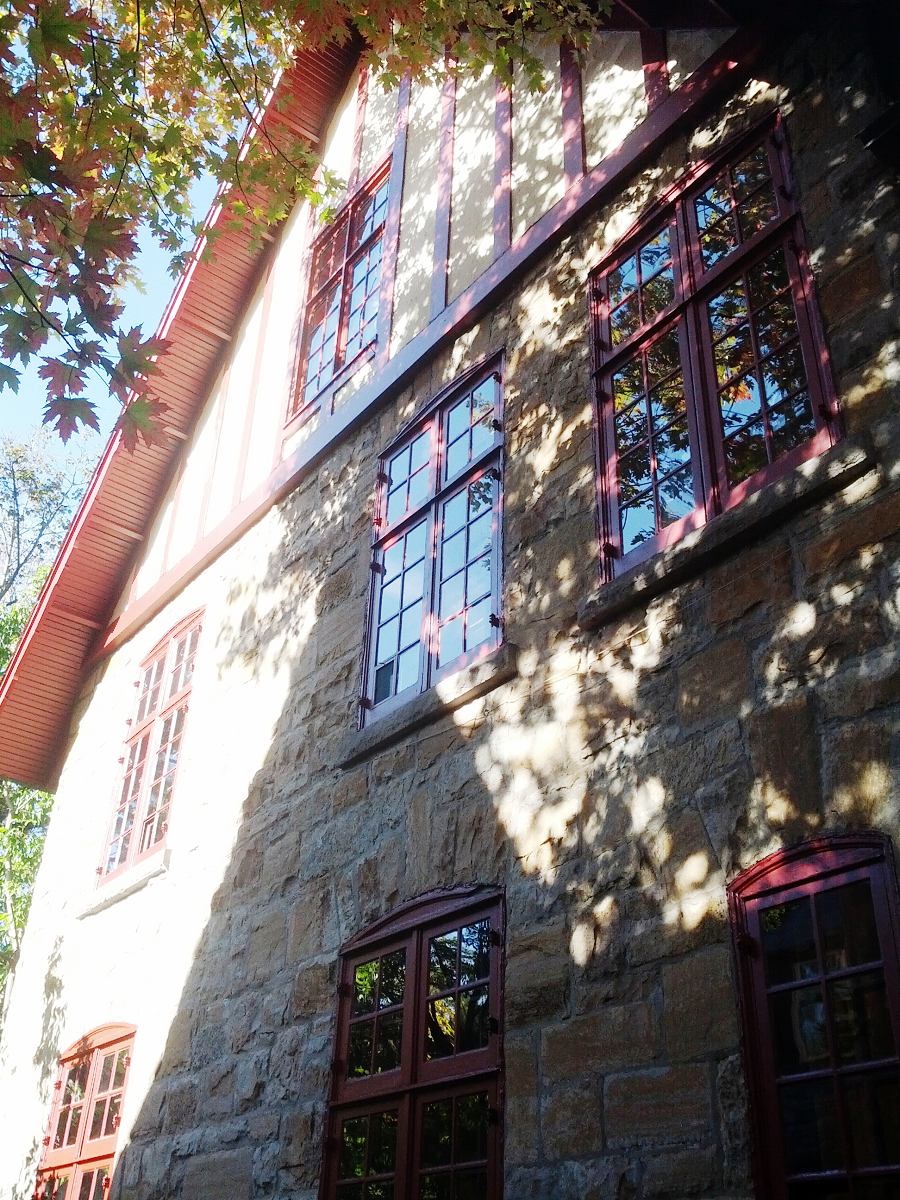 Un grand bâtiment en pierre avec beaucoup de fenêtres et d'arbres en arrière-plan