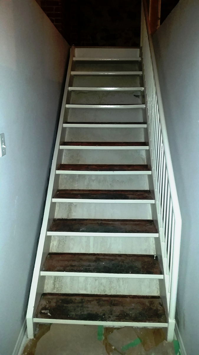 Un escalier avec des marches en bois et une balustrade blanche dans une pièce sombre.