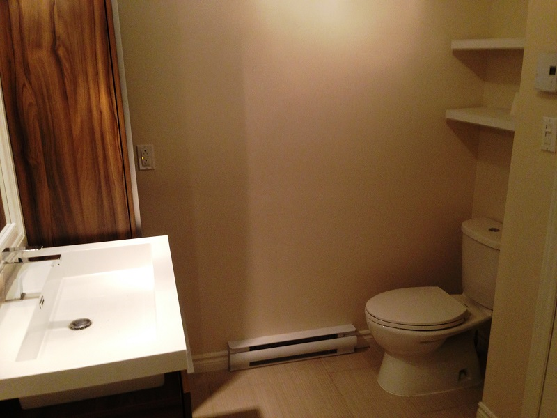 Une salle de bain avec WC , lavabo et miroir.