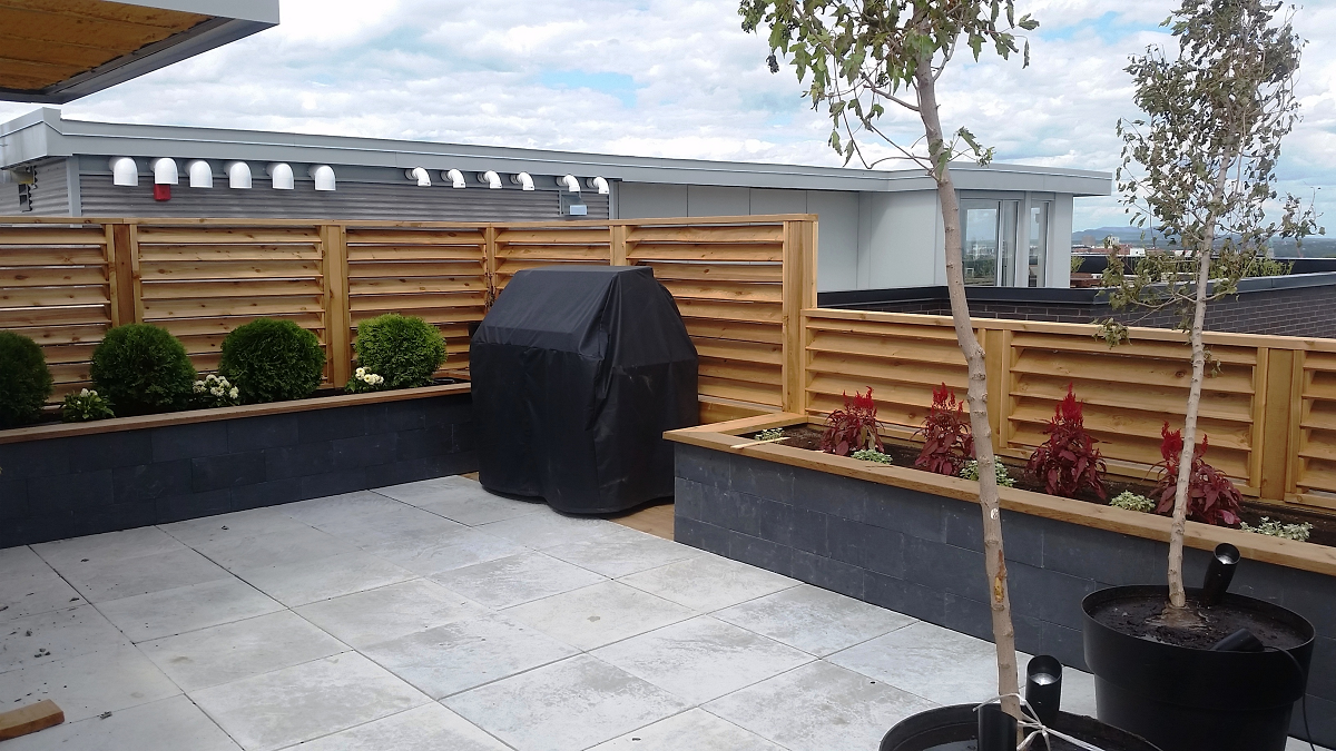 Une clôture en bois entoure un patio avec un grill et des plantes en pot
