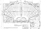 Blueprint of a theater layout, showing seating, stage, and backstage rooms.