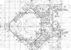 Architectural blueprint of a baseball stadium, showing field, seating, and support structures.