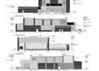 Architectural elevation drawings of a building with various geometric shapes, rendered in grayscale.