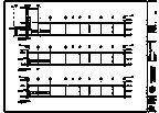 Floor plan of three parallel rows of rectangular spaces, connected by vertical pathways.