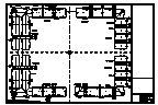 Architectural floor plan of a building with multiple rooms and dotted center lines.