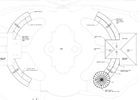 Architectural plan with curved seating, central area, and building with a round feature.