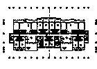 A top-down architectural plan of a building with multiple units and exterior dotted lines.