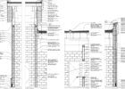 Architectural cross-section diagrams of a building's wall and foundation construction, detailing materials and assembly.