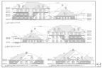 Architectural drawings of a building's elevations, showing detailed facade views, including rooflines and window placements.