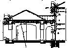 Architectural cross-section of a building with a triangular roof, columns, and arched openings.