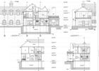 Architectural cross-section drawings of a building with multiple levels, showing interior and exterior details.