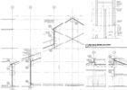 Architectural blueprint with various line drawings, including a roof design and structural details.