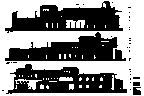 Three black silhouettes of buildings, each with varying rooflines and window patterns.