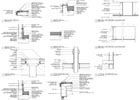 Architectural drawings of building details, including walls, roofs, and corners, with labels.