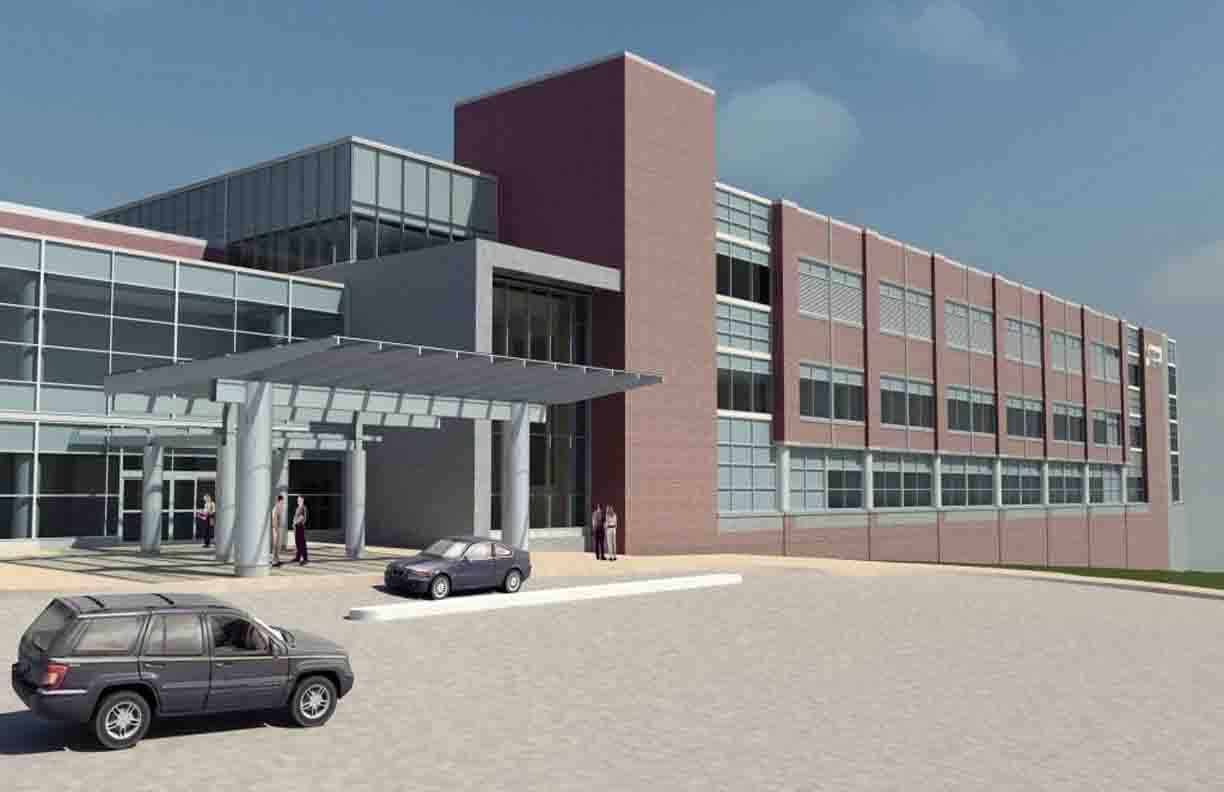 Rendering of a modern building with a covered entrance and parked cars.