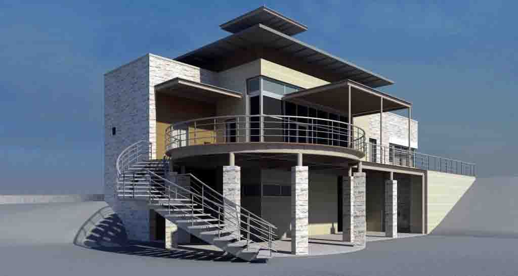 Modern, multi-story house with stone exterior, spiral staircase, and wrap-around balcony against a blue sky.