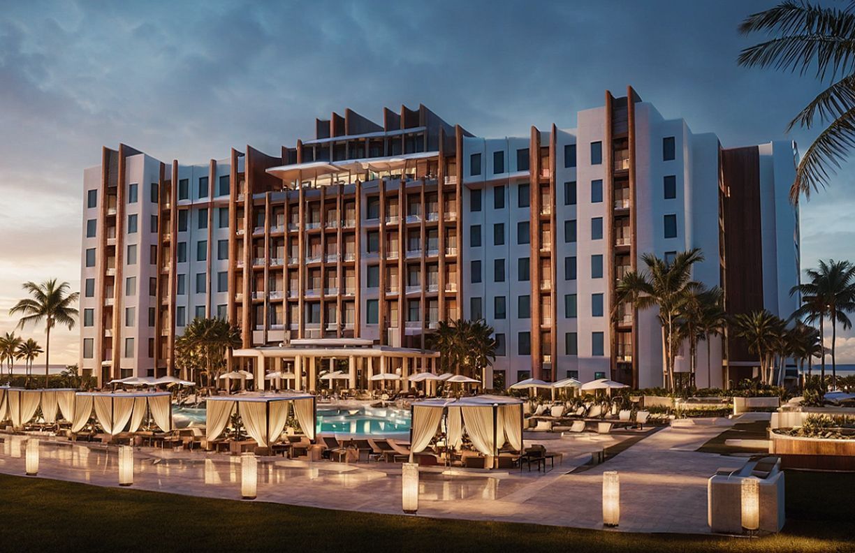 Luxury resort at dusk with pool cabanas and palm trees.