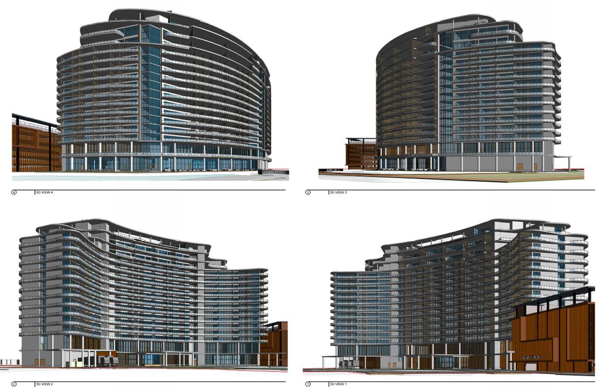Four perspectives of a modern curved multi-story building with glass and metal facade, and a brown exterior.