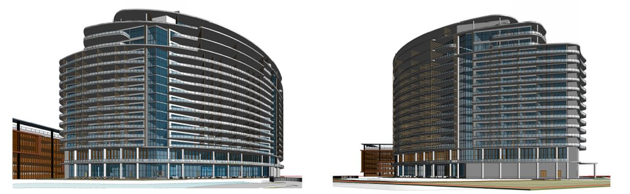 Two curved modern buildings.