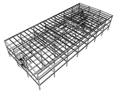 Wireframe of a multi-story rectangular building frame with horizontal and vertical steel beams and columns.