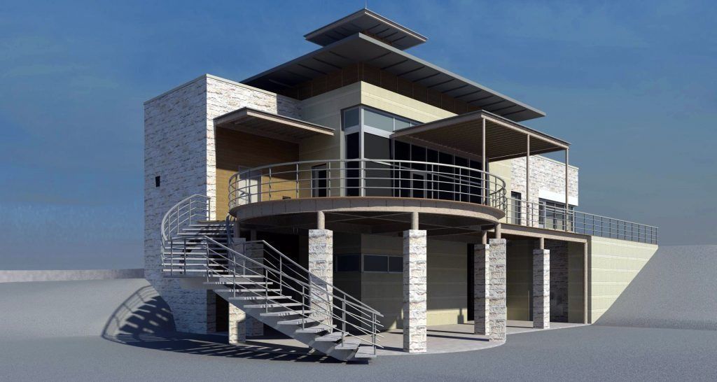 A 3d model of a house with stairs leading up to it