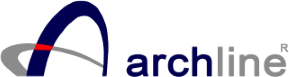 A blue and white logo for archline with a red arrow