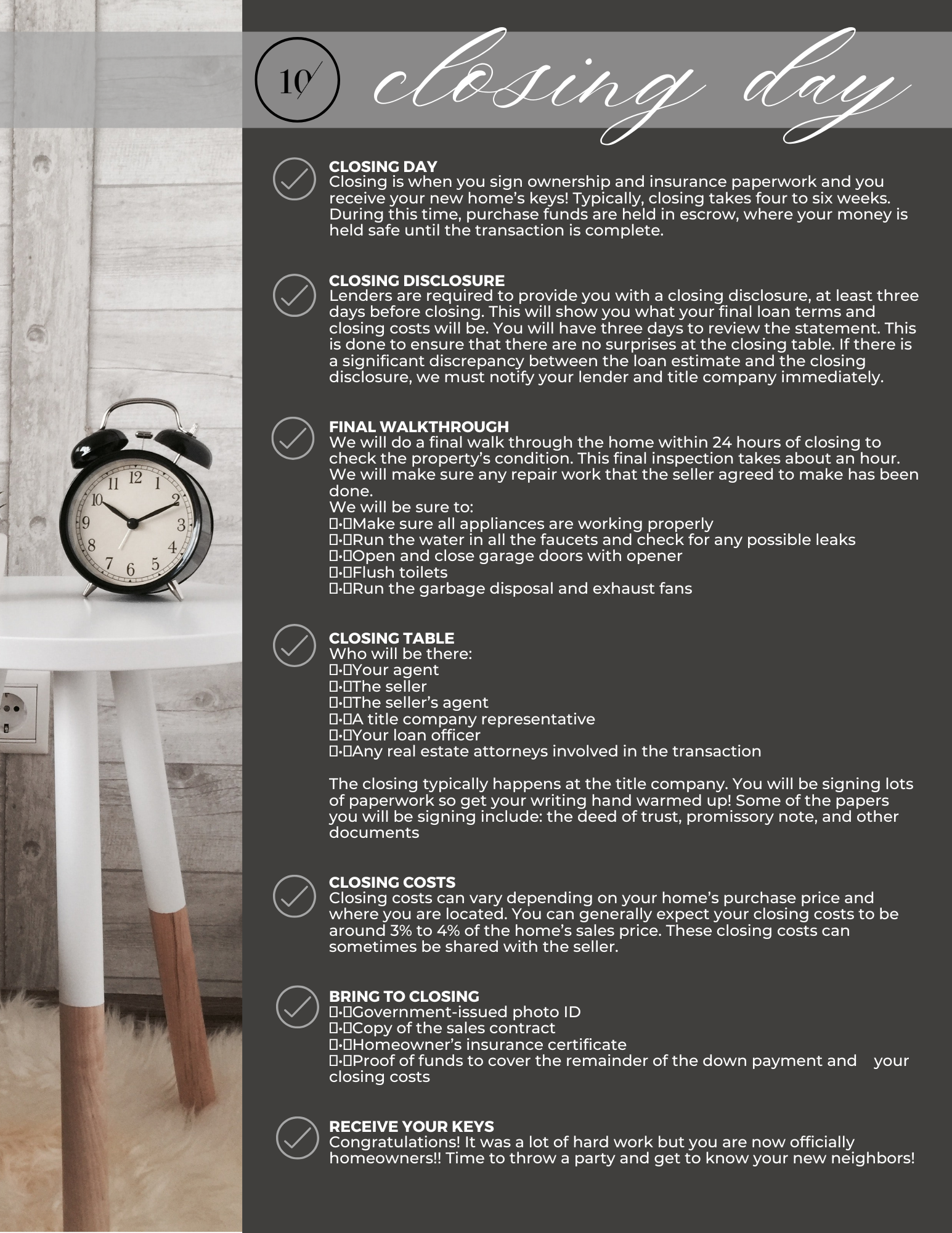 A poster with a clock on a table and the words closing day