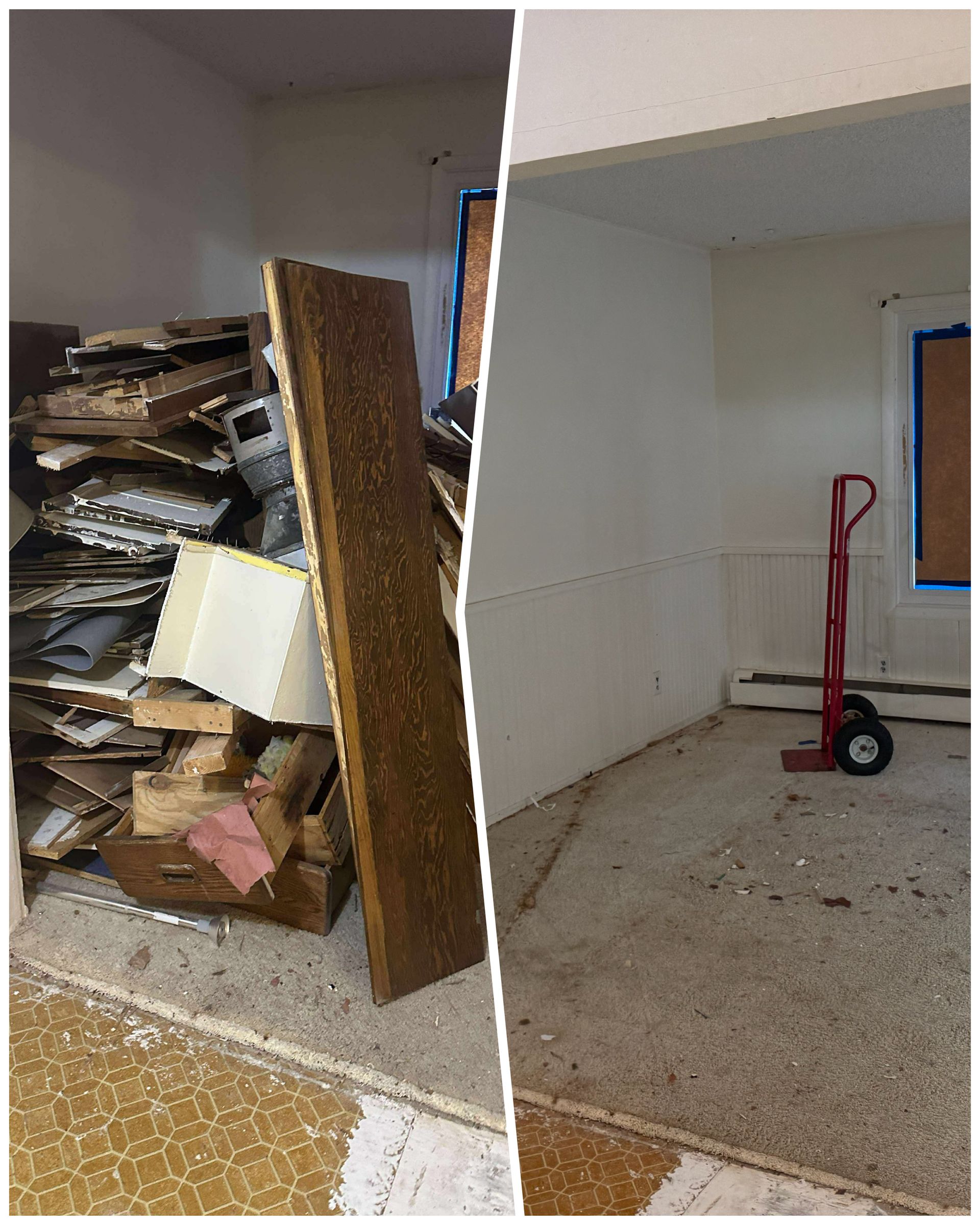 Room before and after renovation. Left side: debris pile. Right side: empty, clean room with a hand truck.