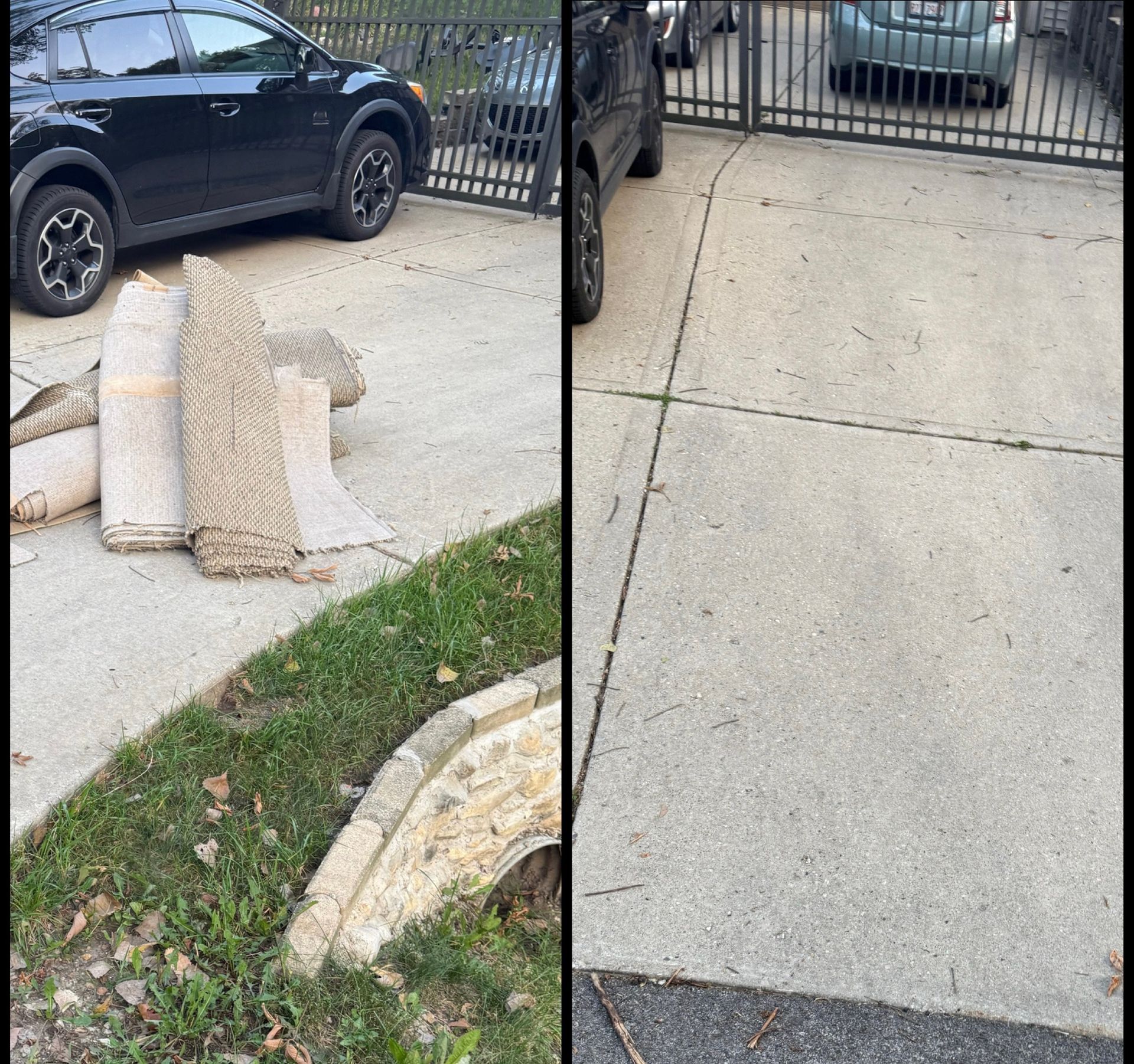 Split view: debris on concrete, then a clean concrete driveway. A black car and a gate are visible.