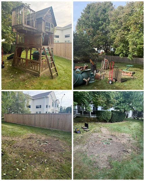 Four-panel collage: A wooden playset is dismantled, leaving patches of disturbed grass in a fenced backyard.