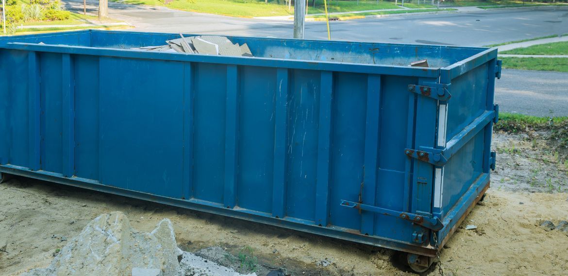 Blue dumpster on a dirt and gravel ground, near a paved road and green foliage.