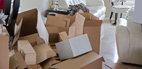 Boxes clutter a room; furniture in background.