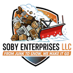 Soby enterprises Logo: A snowplow pushing junk. Text: Soby Enterprises LLC. Tagline: From junk to snow, we make it go.