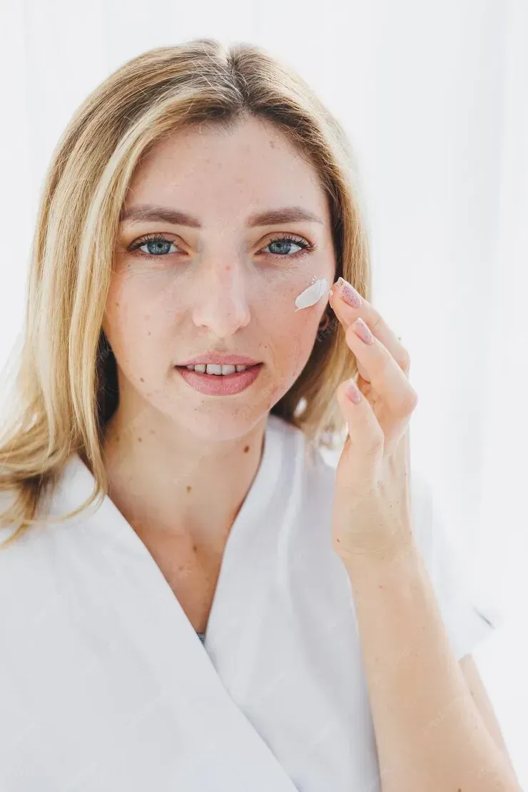 A woman is applying a cream to her face.