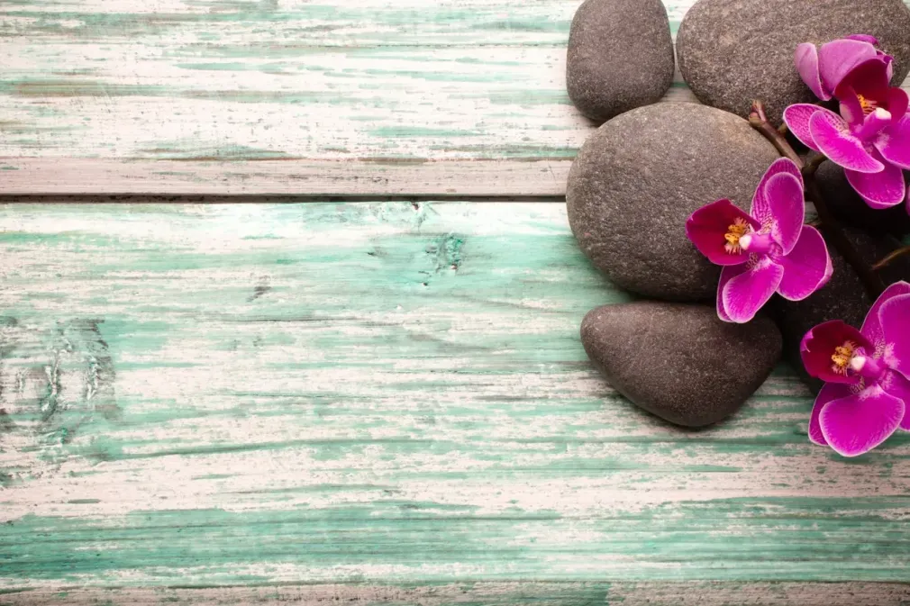A bunch of rocks and flowers on a wooden table.