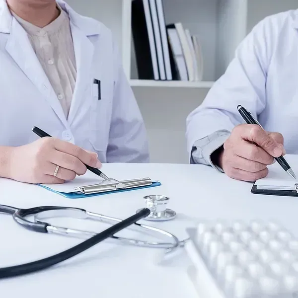 Two doctors are sitting at a table with a clipboard and a stethoscope