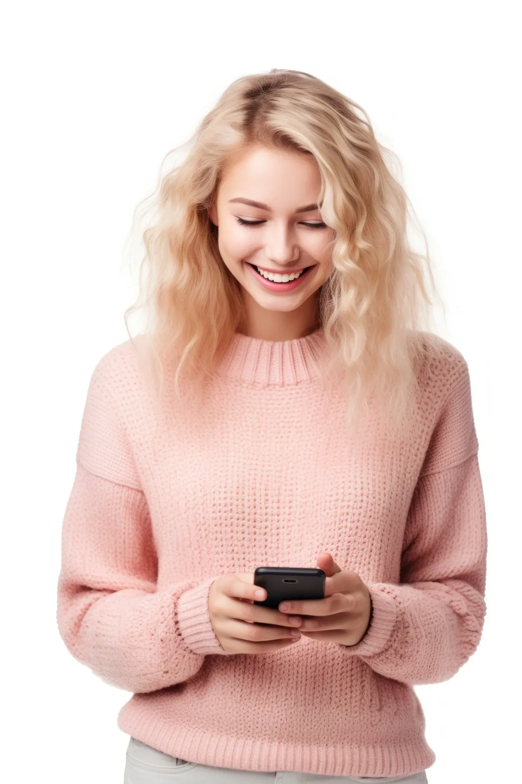 A woman in a pink sweater is using a cell phone.