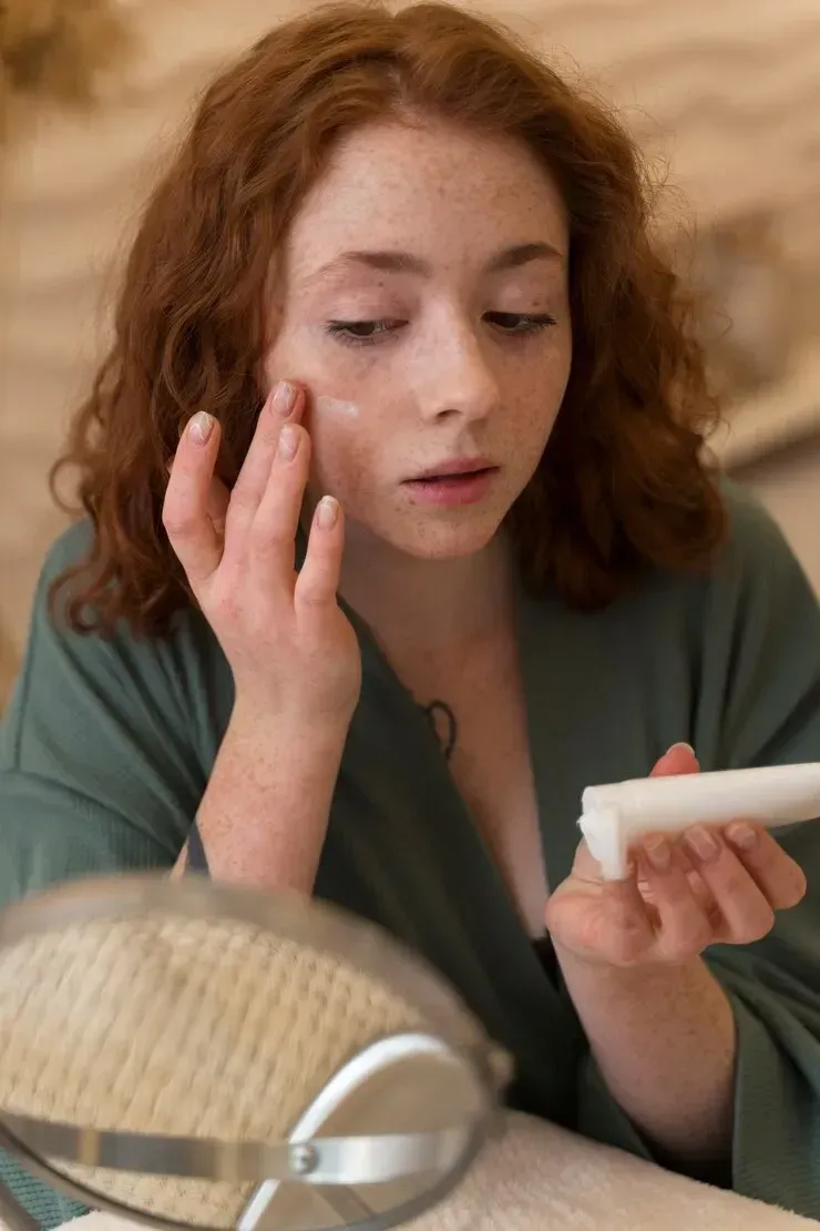 A woman is applying cream to her face in front of a mirror.