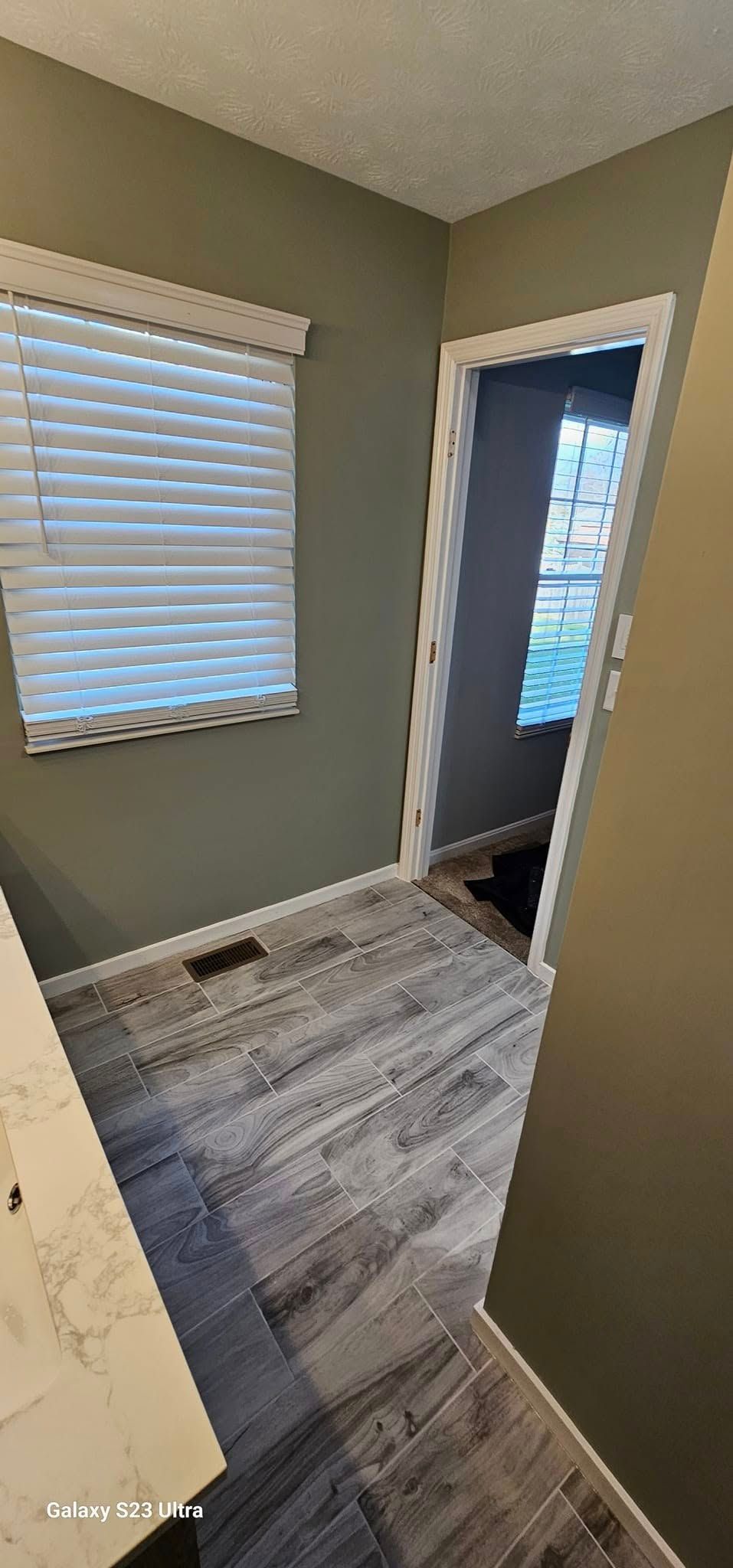 A small hallway with green walls and wood-patterned flooring, featuring a window with white blinds and an open doorway.