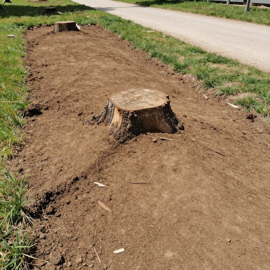 Deux souches d'arbres se dressent au milieu d'une parcelle de terre rectangulaire fraîchement défrichée