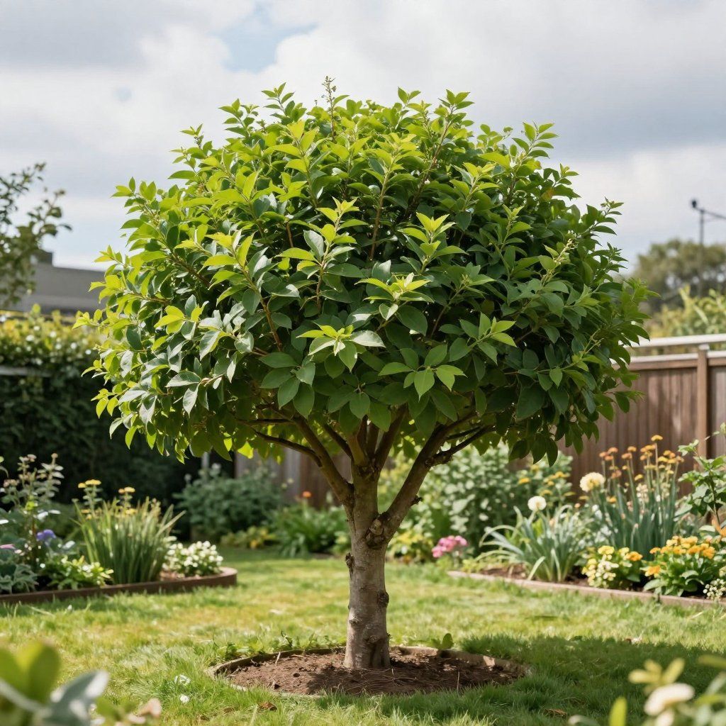 Un petit arbre ornemental parfaitement arrondi se dresse au centre d'un jardin gazonné et soigné.