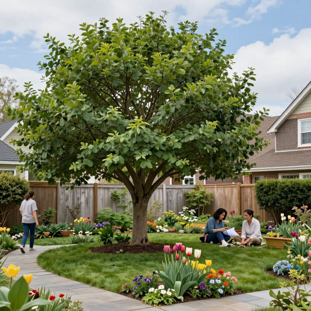 Les gens apprécient un jardin luxuriant à l'arrière de leur maison, avec un grand arbre central, des parterres de fleurs