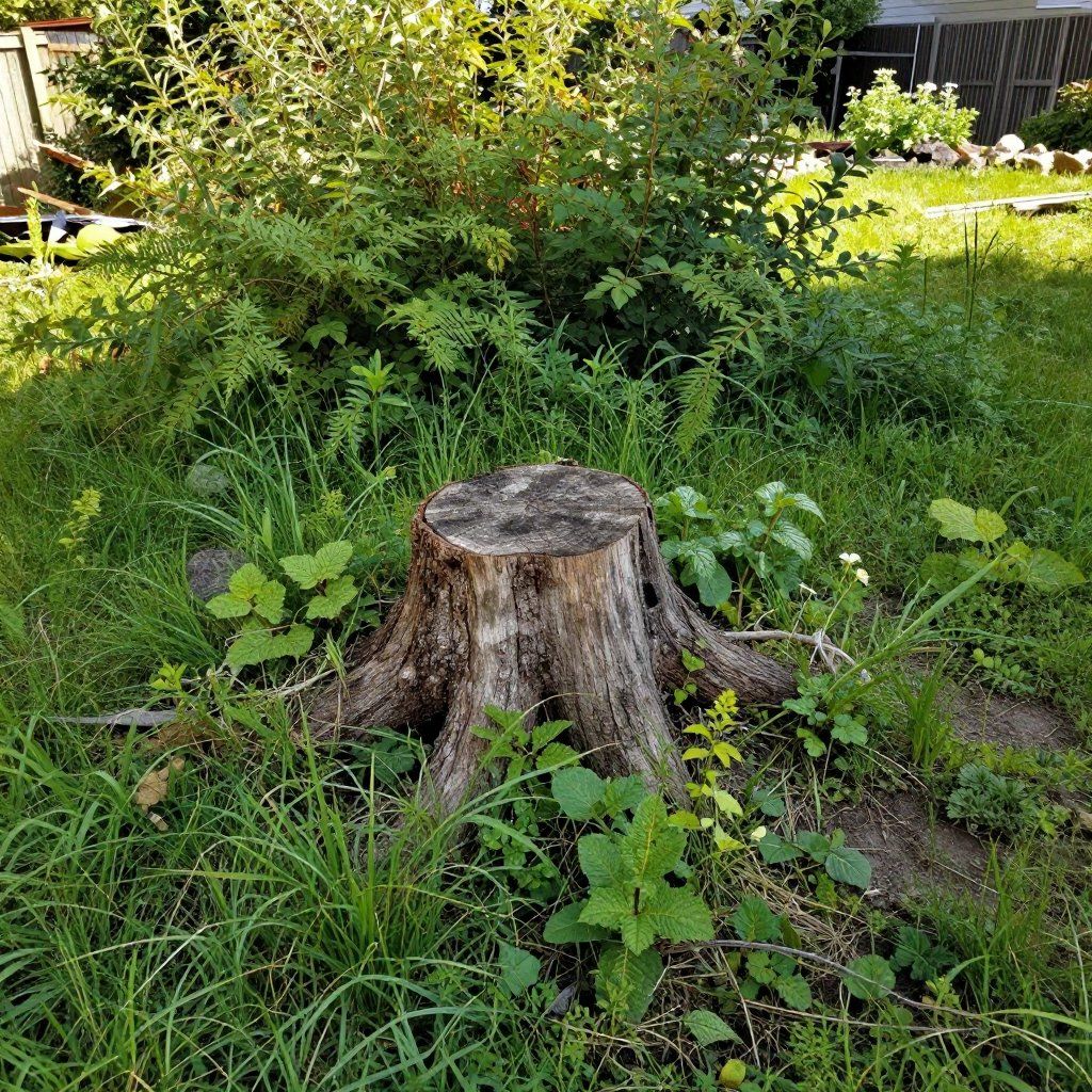 Une souche d'arbre rongée par les intempéries se dresse au milieu d'une cour herbeuse, entourée de mauvaises herbes