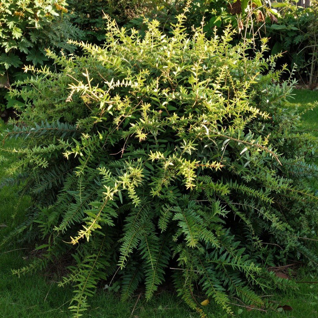 Un arbuste large et dense, aux jeunes pousses d'un jaune-vert vif au sommet, se transformant en fougères