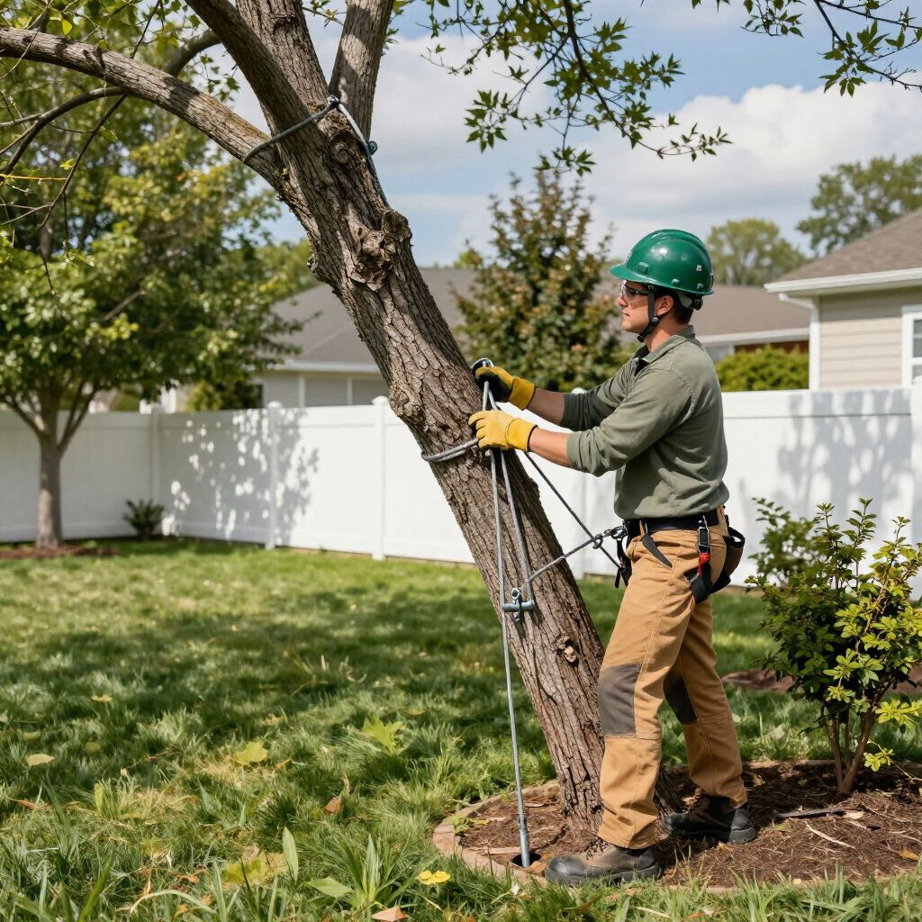 Un ouvrier portant un équipement de sécurité fixe un câble de soutien à un arbre penché dans une cour résidentielle.