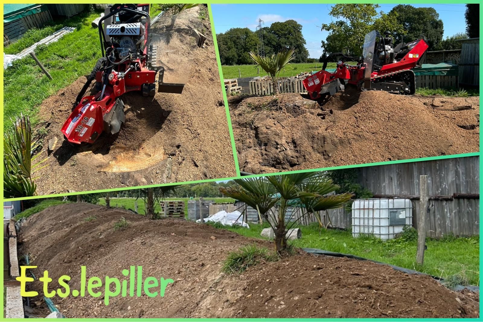 Une dessoucheuse rouge travaille sur un gros tas de terre et de copeaux de bois dans une cour herbeuse