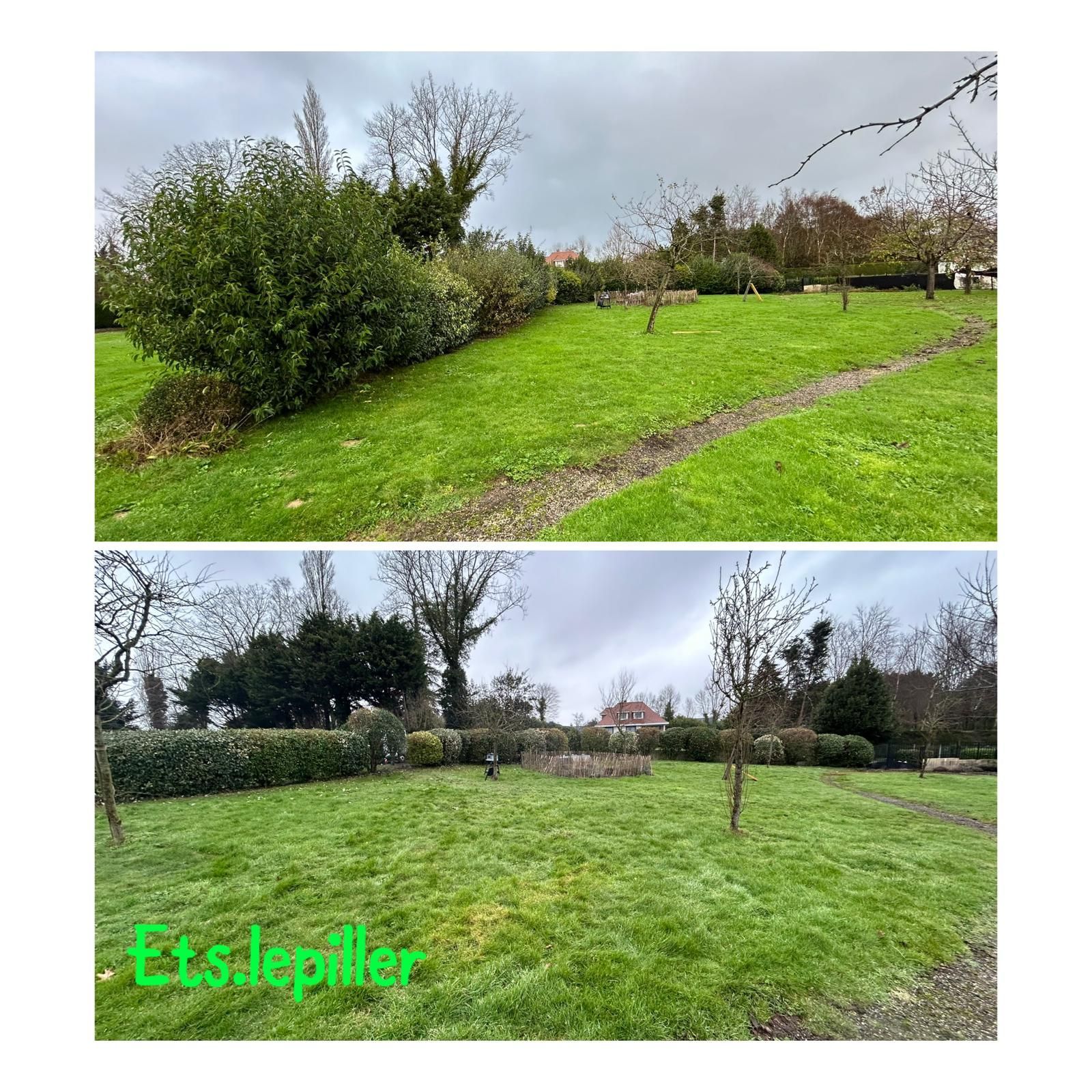 Deux photos d'un jardin gazonné avec des haies, des arbres et un chemin de gravier sous un ciel couvert.